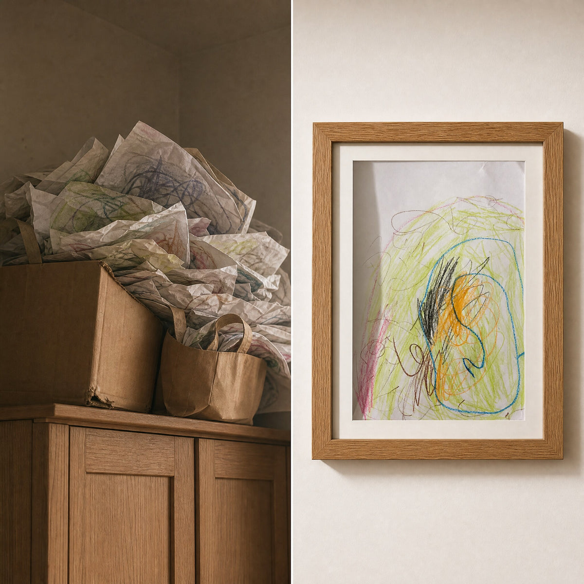 A pile of loose drawings in bags next to one framed drawing on the wall