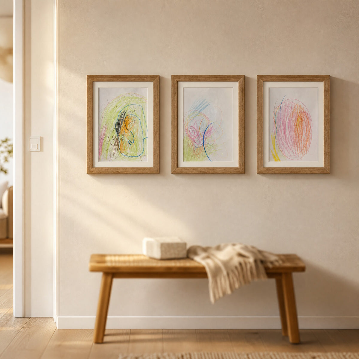 Three PeekDoodle frames in a row along a hallway wall