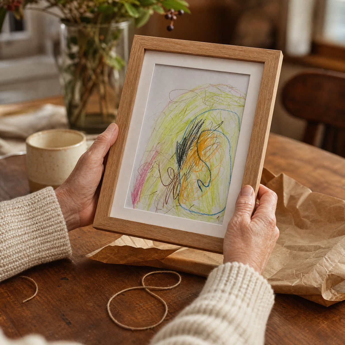 The frame held as a gift, wrapped in kraft paper