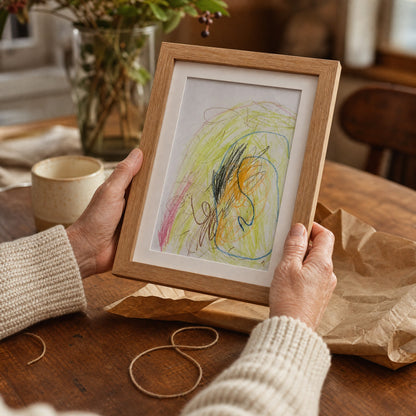 The frame held as a gift, wrapped in kraft paper