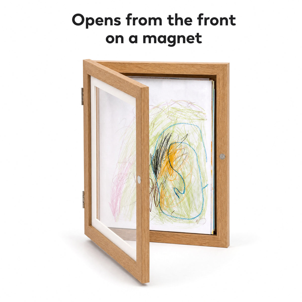 The oak frame with its front panel open on the hinges, one drawing inside and a stack behind it