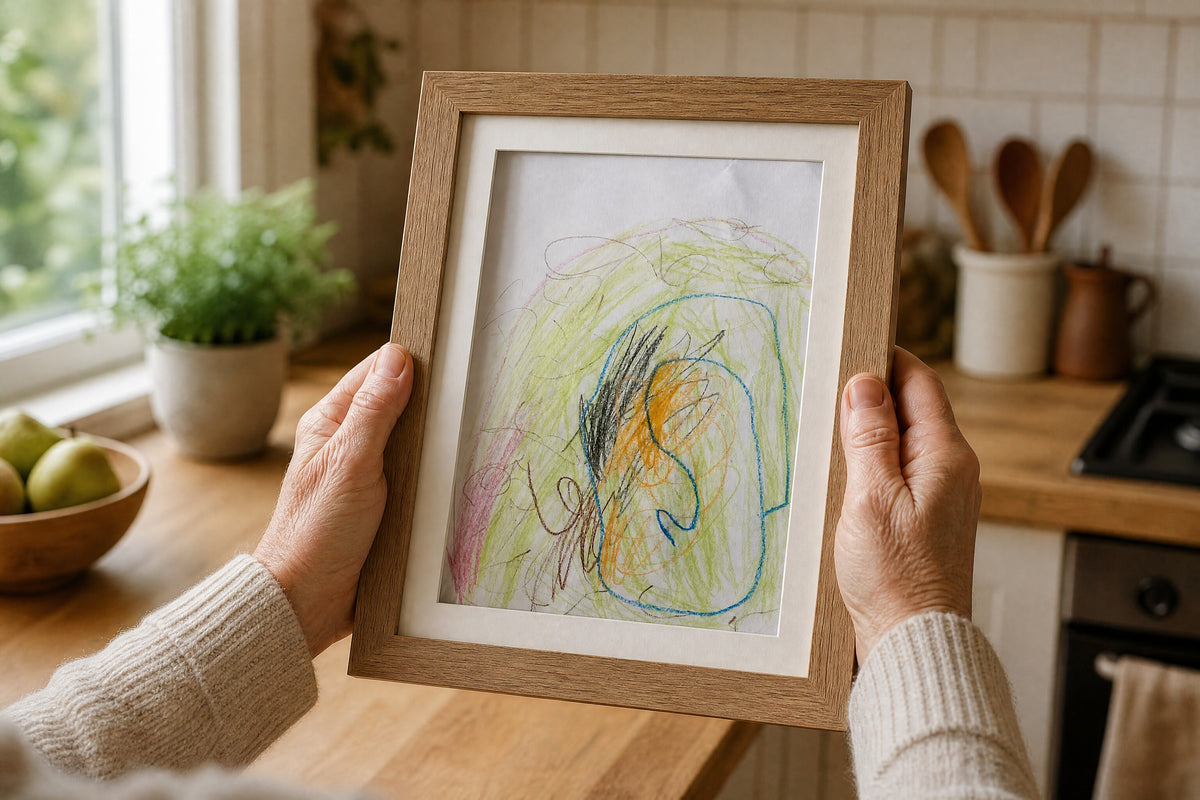 Grandparent holding a framed grandchild's drawing in a kitchen