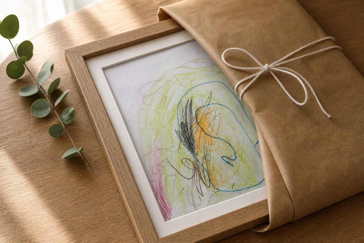 A PeekDoodle frame wrapped as a gift with kraft paper and string