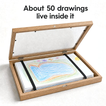 About 50 A4 drawings stacked inside the open frame under its elastic bands