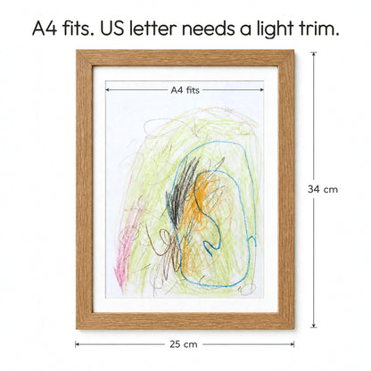 A4 fits. US letter needs a light trim. The frame is about 34 cm by 25 cm